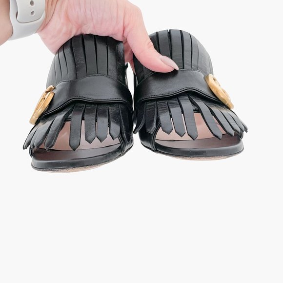 Gucci GG Fringe Sandals EU 36.5 US 6.5 Black Marmont Mules Block Heel Slide Logo - Picture 5 of 12